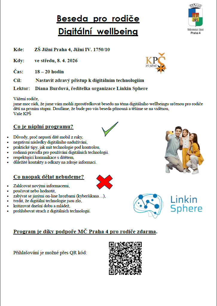 Beseda pro rodiče - Digitální wellbeing 8.4.2026 18-20 hod.